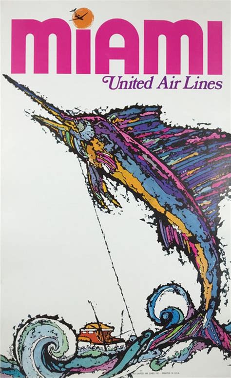 Miami United Airlines Sail Fish Travel Posters Vintage Travel