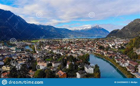 Aerial View Over The City Of Interlaken In Switzerland Stock Image