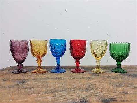 6 Mismatched Glass Water Goblets Rainbow Colored Pressed Etsy Colored Glassware Glassware