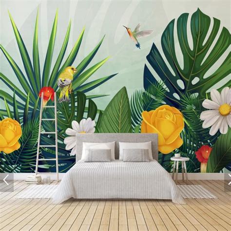 Tropical Plant Leaves Wall Mural Color Parrot Flower