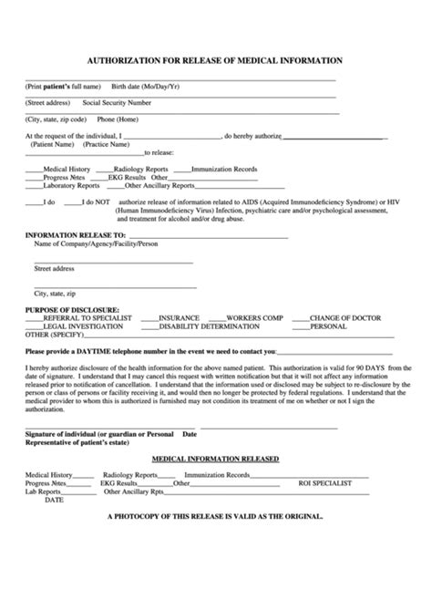 Authorization For Release Of Medical Information Form Printable Pdf Download