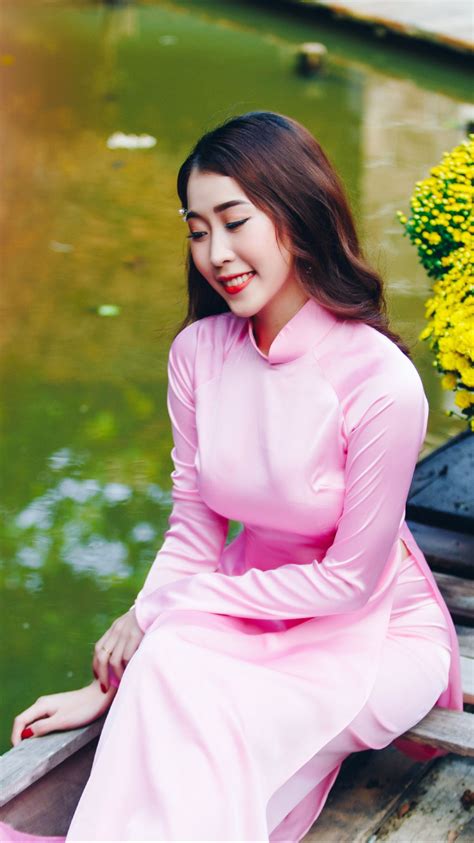 ao dai pink satin asian woman long dress bell sleeve top vietnam photography fotografie