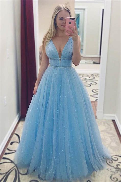 Sky Blue V Neck Floor Length Prom Dress With Beading A Line Tulle