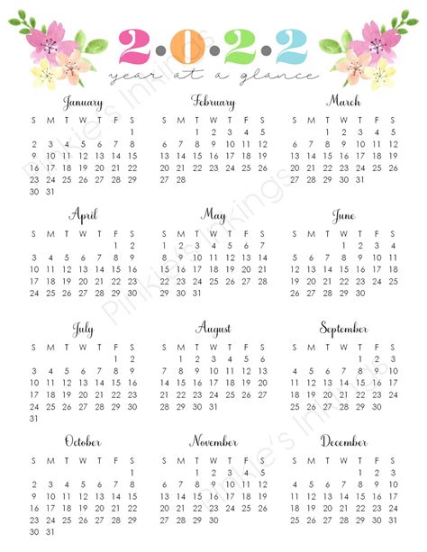 Printable 2022 Year At A Glance 85x11 Wall Etsy