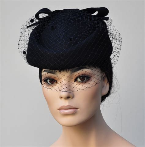 Womens Black Pillbox Hat Black Felt Veil Hat Church Hat Ladies