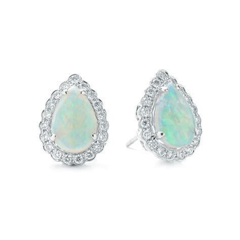 Pear Shaped Opal And Diamond Halo Stud Earrings In White Gold New