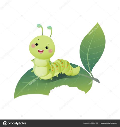 Vector Illustration Cute Cartoon Caterpillar Chewing Green Leaf Stock