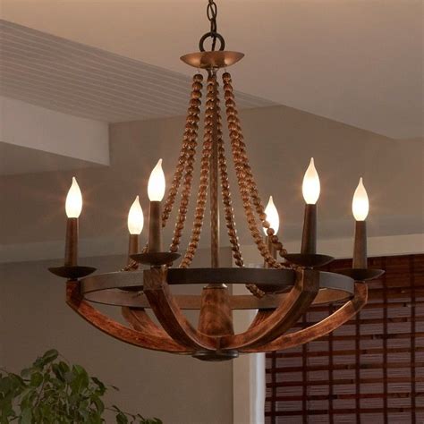 Rustic Iron Burnished Wood And Sculpted Wood Beads 6 Light Candelabra