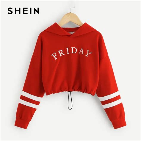 Shein Red Girls Letter Front Crop Casual Hoodies Girls Tops 2019 Spring