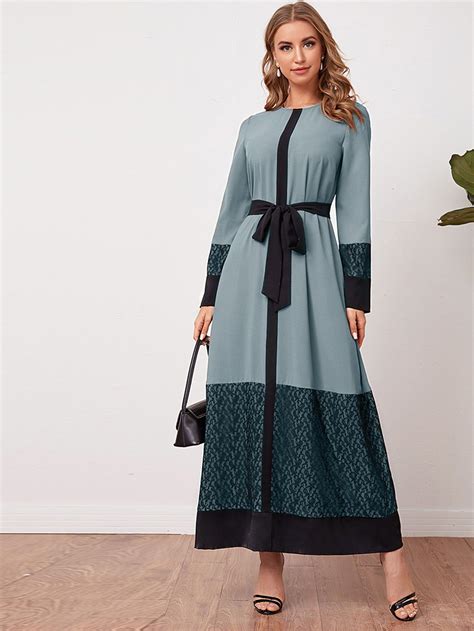 Lace Trim Two Tone Self Belted Dress Shein Usa Modest Dresses For