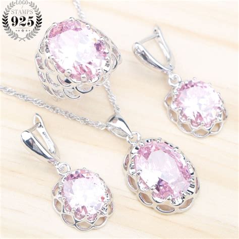 Pink Zircon Silver 925 Costume Jewelry Sets Women Wedding Earrings With Stones Pendant Necklace