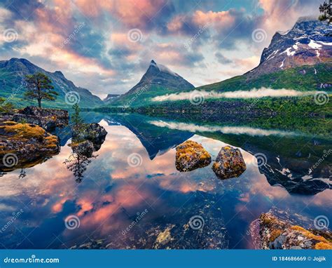 Impressive Summer Sunrise On The Innerdalsvatna Lake Colorful Morning