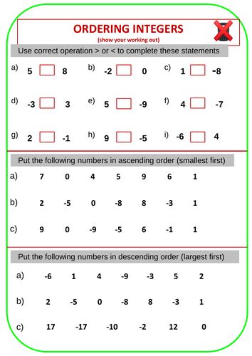 Ordering Integers Worksheets With Answers Teaching Resources