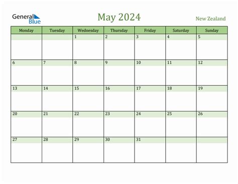 May 2024 New Zealand Monthly Calendar With Holidays