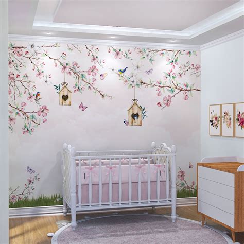 Papel De Parede Galhos E Flores Jardim Rosa Quarto Infantil De Beb E