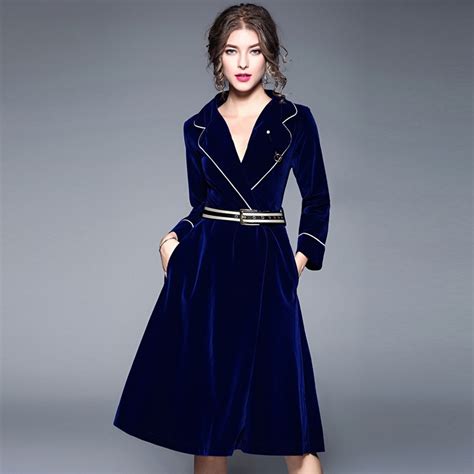 Women Runway Dresses Autumn Winter Royal Blue Velvet Dress Women