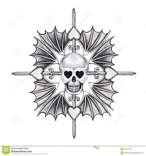Art Skull Heart Wings Tattoo Stock Illustration Illustration Of