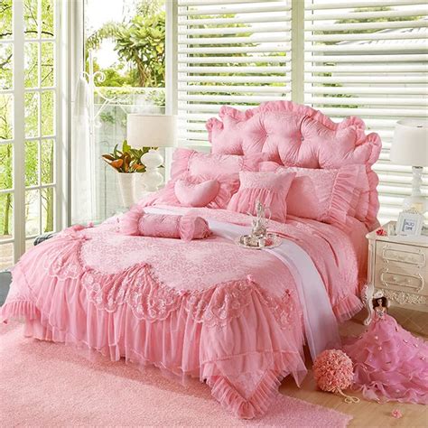 Pink Lace Princess Wedding Luxury Bedding Set King Queen Size Silk Cotton Stain Bed Set Girls