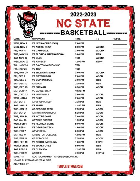 Printable 2022 2023 Nc State Wolfpack Basketball Schedule