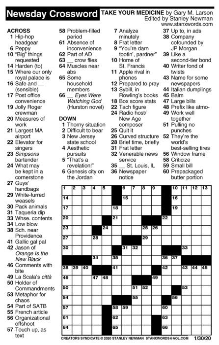 If the generator wasn't able to make a puzzle with all your words, it. Newsday Crossword Puzzle for Jan 30, 2020, by Stanley ...