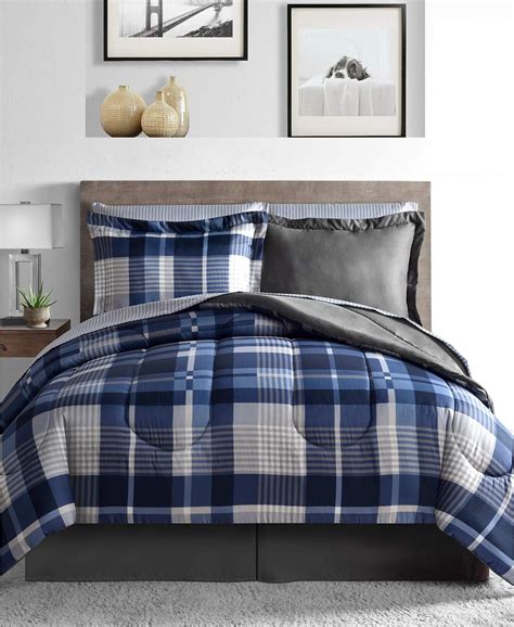 Gray And Blue Plaid Stripes Reversible Boys Teen Full Comforter Set 8