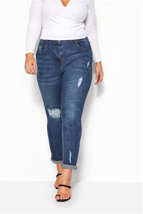 Mid Blue Distressed Mom Jeans Yours Clothing