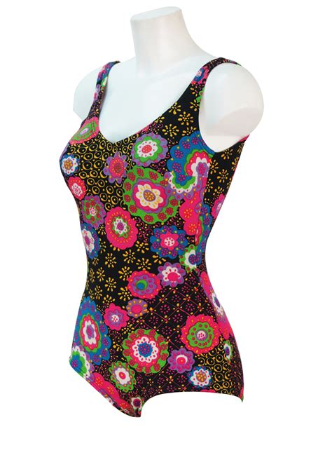 Please see all pics as they are part of description, for size and condition. Vintage 70's Black Swimsuit with Multicoloured Floral ...