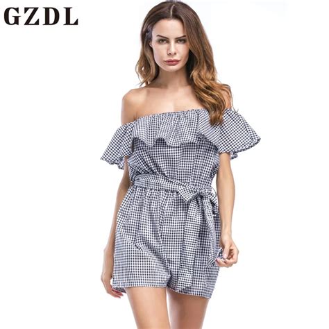 Gzdl Casual Summer Off Shoulder Ruffles Playsuits Sexy Linen Plaid Overalls Women Fashion