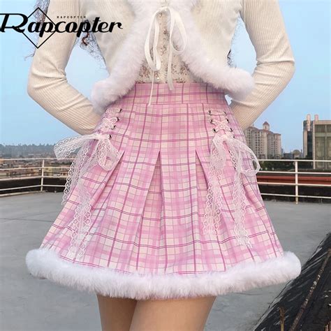 Rapcopter Y2k Sweet Cute Pleated Skirts Fur Plaid Bow Prepply Mini
