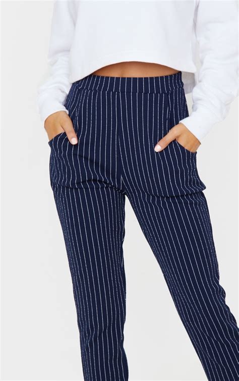 Navy Pinstripe Skinny Trousers Trousers Prettylittlething