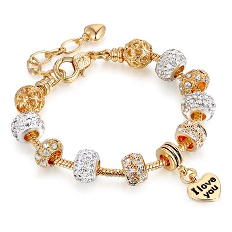 Luxury Crystal Heart Charm Pandora Bracelets And Bangles Gold Color