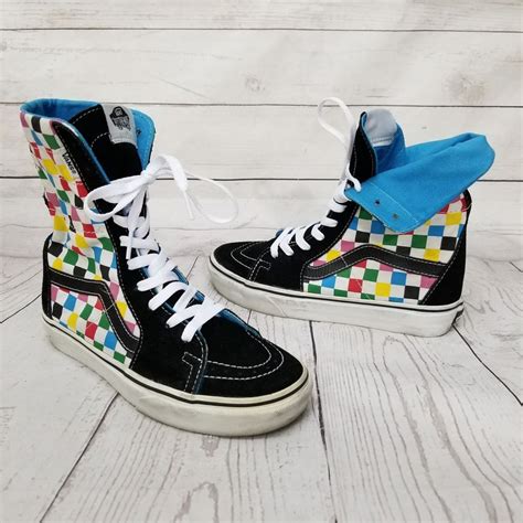 Vans Hi Tops Sk8 Skateboarding Fold Multi Color Checkers Checkerboard