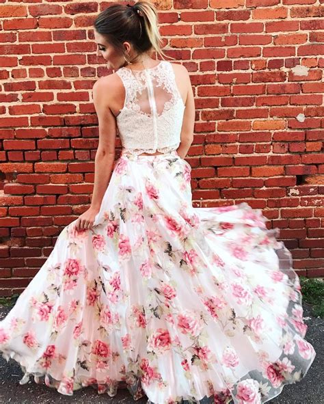 Two Piece Prom Dresses Scoop Floral Print Floor Length Lace Prom Dress