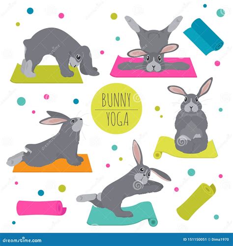 Bunny Yoga Poses And Exercises Cute Cartoon Clipart Set Stock Vector