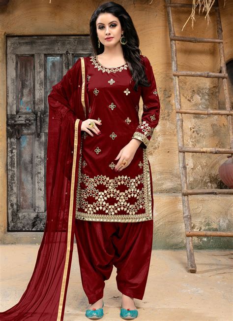 Shop Online Tafeta Silk Maroon Punjabi Suit 87994 Punjabi Suits