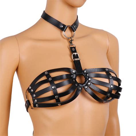Women Gothic Pu Leather Body Chest Harness Chains Cage Bra Night Club