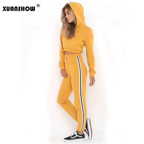 Xuanshow Women S Suit Set 2018 Fashion Tracksuit Women Sportswear Side Patchwork Short Hoodies