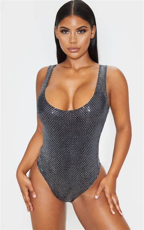 Silver Sequin Strappy Bodysuit Tops Prettylittlething