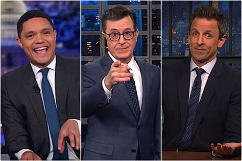 Stephen Colbert Trevor Noah And Seth Meyers Bemusedly Check In On