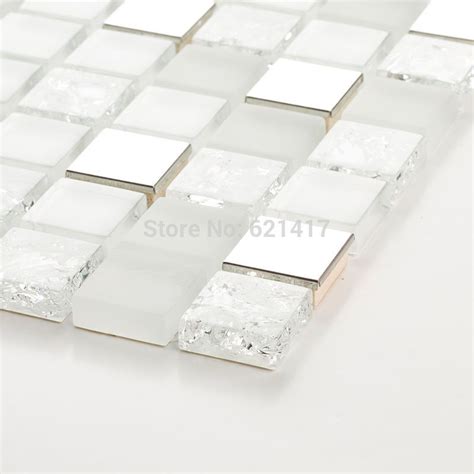 Square White And Clear Ice Crackle Glass Mixed Stainless Steel Metal