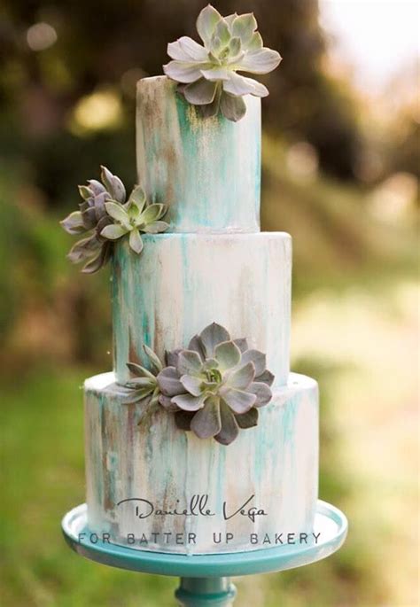 Teal bands & peacock wedding cake. Blue Gray Watercolor Cake with Fresh Succulents by A Piece ...