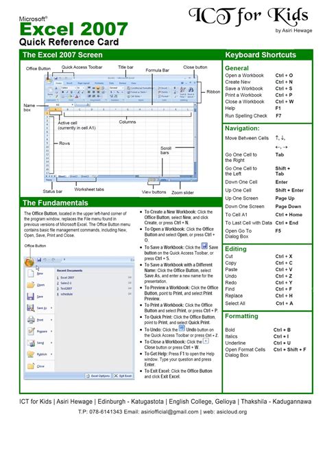 Quick Reference Card Ms Office Excel