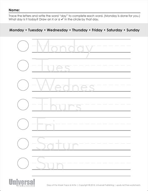 Days Of The Week Tracing Sheets