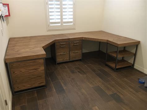 Custom Double Corner Desk Oak Wood With Metal Frame Large Corner