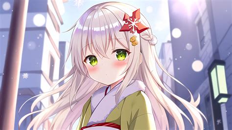 Blush Kimono Snowflakes Light Green Eyes Anime Girl With White Hair Hd