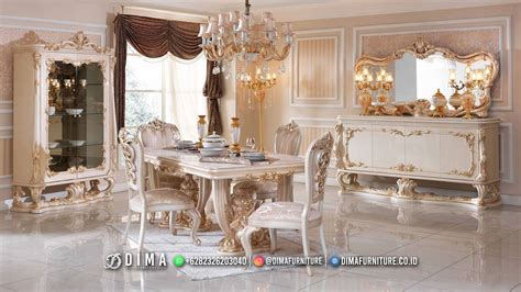 Meja Makan Mewah Ukir Modern Elegant Duco Ivory Jepara Odette DF