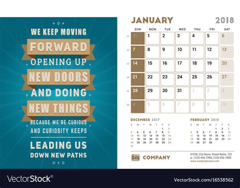 Desk Calendar Template For 2018 Year January Vector Image