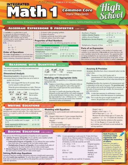 Quickstudy Math 1 Common Core 9th Grade Laminated Study Guide