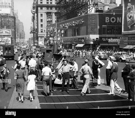 1940s Wwii Wartime Times Square Manhattan Pedestrians Traffic Two