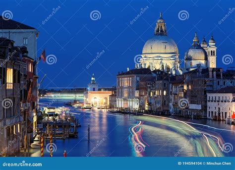 Night Scenery Of Romantic Venice In Blue Twilight With Light Trails Of
